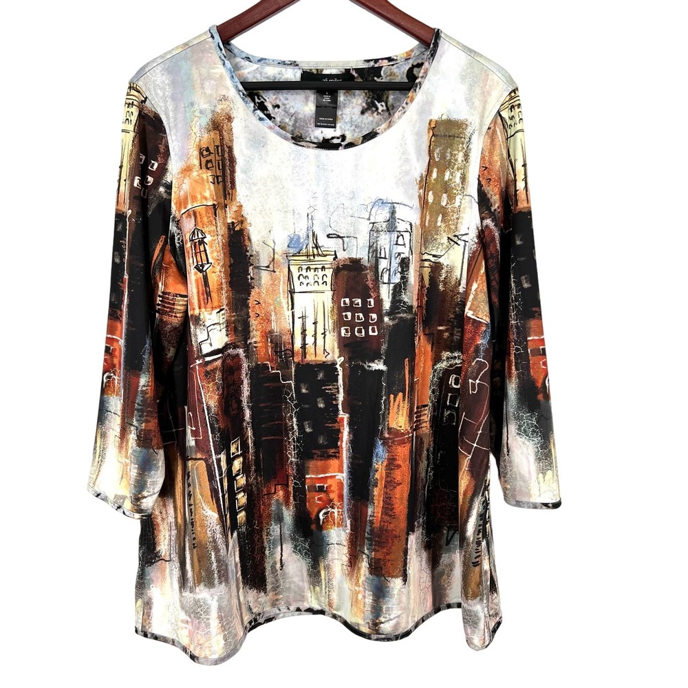 Ali Miles Sz Large City Skyline Wearable Art Abstract Blouse Shirt Top Brown